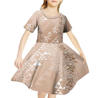 Hawaii Beige Kapa Kid Short Sleeve Dress Vintage 'Ohe Kāpala Motifs Mix Plumeria Leis LT7 - Polynesian Pride