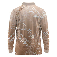 Hawaii Beige Kapa Long Sleeve Polo Shirt Vintage 'Ohe Kāpala Motifs Mix Plumeria Leis