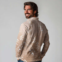 Hawaii Beige Kapa Long Sleeve Polo Shirt Vintage 'Ohe Kāpala Motifs Mix Plumeria Leis