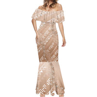 Hawaii Beige Kapa Mermaid Dress Vintage 'Ohe Kāpala Motifs Mix Plumeria Leis LT7 - Polynesian Pride