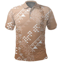 Hawaii Beige Kapa Polo Shirt Vintage 'Ohe Kāpala Motifs Mix Plumeria Leis