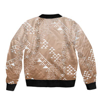 Hawaii Beige Kapa Sleeve Zip Bomber Jacket Vintage 'Ohe Kāpala Motifs Mix Plumeria Leis