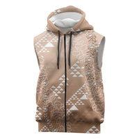 Hawaii Beige Kapa Sleeveless Zip Hoodie Vintage 'Ohe Kāpala Motifs Mix Plumeria Leis LT7 Beige - Polynesian Pride