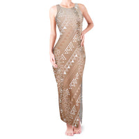 Hawaii Beige Kapa Tank Maxi Dress Vintage 'Ohe Kāpala Motifs Mix Plumeria Leis LT7 Women Beige - Polynesian Pride
