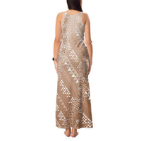 Hawaii Beige Kapa Tank Maxi Dress Vintage 'Ohe Kāpala Motifs Mix Plumeria Leis LT7 - Polynesian Pride