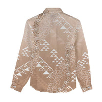 Hawaii Beige Kapa Women Casual Shirt Vintage 'Ohe Kāpala Motifs Mix Plumeria Leis
