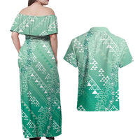 Hawaii Jade Green Kapa Couples Matching Off Shoulder Maxi Dress and Hawaiian Shirt Vintage 'Ohe Kāpala Motifs Mix Plumeria Leis LT7 - Polynesian Pride