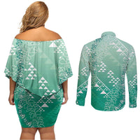 Hawaii Jade Green Kapa Couples Matching Off Shoulder Short Dress and Long Sleeve Button Shirt Vintage 'Ohe Kāpala Motifs Mix Plumeria Leis