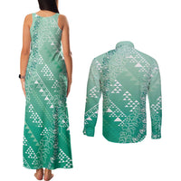 Hawaii Jade Green Kapa Couples Matching Tank Maxi Dress and Long Sleeve Button Shirt Vintage 'Ohe Kāpala Motifs Mix Plumeria Leis