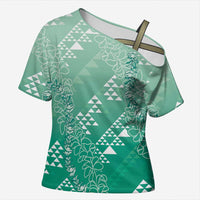 Hawaii Jade Green Kapa Cross Shoulder Shirt Vintage 'Ohe Kāpala Motifs Mix Plumeria Leis LT7 Female Jade Green - Polynesian Pride