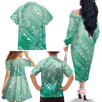 Hawaii Jade Green Kapa Family Matching Off The Shoulder Long Sleeve Dress and Hawaiian Shirt Vintage 'Ohe Kāpala Motifs Mix Plumeria Leis LT7 - Polynesian Pride
