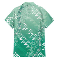 Hawaii Jade Green Kapa Family Matching Off The Shoulder Long Sleeve Dress and Hawaiian Shirt Vintage 'Ohe Kāpala Motifs Mix Plumeria Leis LT7 - Polynesian Pride