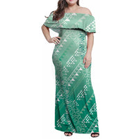 Hawaii Jade Green Kapa Family Matching Off Shoulder Maxi Dress and Hawaiian Shirt Vintage 'Ohe Kāpala Motifs Mix Plumeria Leis LT7 Mom's Dress Jade Green - Polynesian Pride