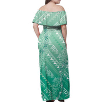 Hawaii Jade Green Kapa Family Matching Off Shoulder Maxi Dress and Hawaiian Shirt Vintage 'Ohe Kāpala Motifs Mix Plumeria Leis LT7 - Polynesian Pride