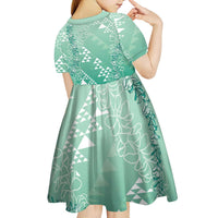 Hawaii Jade Green Kapa Kid Short Sleeve Dress Vintage 'Ohe Kāpala Motifs Mix Plumeria Leis