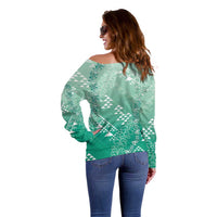 Hawaii Jade Green Kapa Off Shoulder Sweater Vintage 'Ohe Kāpala Motifs Mix Plumeria Leis LT7 - Polynesian Pride