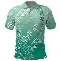 Hawaii Jade Green Kapa Polo Shirt Vintage 'Ohe Kāpala Motifs Mix Plumeria Leis