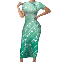 Hawaii Jade Green Kapa Short Sleeve Bodycon Dress Vintage 'Ohe Kāpala Motifs Mix Plumeria Leis
