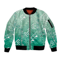 Hawaii Jade Green Kapa Sleeve Zip Bomber Jacket Vintage 'Ohe Kāpala Motifs Mix Plumeria Leis LT7 Unisex Jade Green - Polynesian Pride