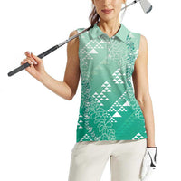 Hawaii Jade Green Kapa Women Sleeveless Polo Shirt Vintage 'Ohe Kāpala Motifs Mix Plumeria Leis