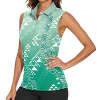 Hawaii Jade Green Kapa Women Sleeveless Polo Shirt Vintage 'Ohe Kāpala Motifs Mix Plumeria Leis