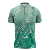 Hawaii Jade Green Kapa Zipper Polo Shirt Vintage 'Ohe Kāpala Motifs Mix Plumeria Leis