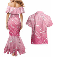 Hawaii Rose Pink Kapa Couples Matching Mermaid Dress and Hawaiian Shirt Vintage 'Ohe Kāpala Motifs Mix Plumeria Leis LT7 - Polynesian Pride