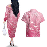 Hawaii Rose Pink Kapa Couples Matching Off The Shoulder Long Sleeve Dress and Hawaiian Shirt Vintage 'Ohe Kāpala Motifs Mix Plumeria Leis LT7 - Polynesian Pride