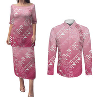 Hawaii Rose Pink Kapa Couples Matching Puletasi and Long Sleeve Button Shirt Vintage 'Ohe Kāpala Motifs Mix Plumeria Leis