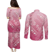 Hawaii Rose Pink Kapa Couples Matching Puletasi and Long Sleeve Button Shirt Vintage 'Ohe Kāpala Motifs Mix Plumeria Leis