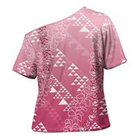 Hawaii Rose Pink Kapa Cross Shoulder Shirt Vintage 'Ohe Kāpala Motifs Mix Plumeria Leis LT7 - Polynesian Pride