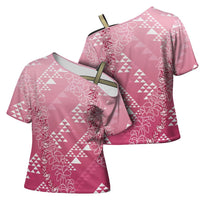 Hawaii Rose Pink Kapa Cross Shoulder Shirt Vintage 'Ohe Kāpala Motifs Mix Plumeria Leis LT7 - Polynesian Pride