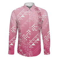 Hawaii Rose Pink Kapa Family Matching Off The Shoulder Long Sleeve Dress and Hawaiian Shirt Vintage 'Ohe Kāpala Motifs Mix Plumeria Leis LT7 Dad's Shirt - Long Sleeve Rose Pink - Polynesian Pride