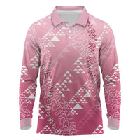 Hawaii Rose Pink Kapa Long Sleeve Polo Shirt Vintage 'Ohe Kāpala Motifs Mix Plumeria Leis