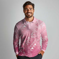 Hawaii Rose Pink Kapa Long Sleeve Polo Shirt Vintage 'Ohe Kāpala Motifs Mix Plumeria Leis