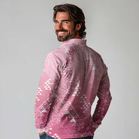 Hawaii Rose Pink Kapa Long Sleeve Polo Shirt Vintage 'Ohe Kāpala Motifs Mix Plumeria Leis
