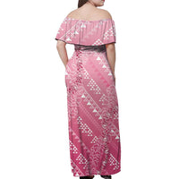 Hawaii Rose Pink Kapa Off Shoulder Maxi Dress Vintage 'Ohe Kāpala Motifs Mix Plumeria Leis LT7 - Polynesian Pride