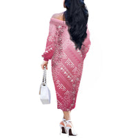 Hawaii Rose Pink Kapa Off The Shoulder Long Sleeve Dress Vintage 'Ohe Kāpala Motifs Mix Plumeria Leis