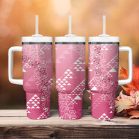 Hawaii Rose Pink Kapa Tumbler With Handle Vintage 'Ohe Kāpala Motifs Mix Plumeria Leis LT7 - Polynesian Pride