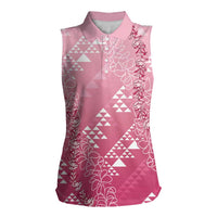 Hawaii Rose Pink Kapa Women Sleeveless Polo Shirt Vintage 'Ohe Kāpala Motifs Mix Plumeria Leis