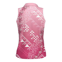 Hawaii Rose Pink Kapa Women Sleeveless Polo Shirt Vintage 'Ohe Kāpala Motifs Mix Plumeria Leis