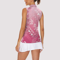 Hawaii Rose Pink Kapa Women Sleeveless Polo Shirt Vintage 'Ohe Kāpala Motifs Mix Plumeria Leis