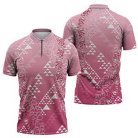 Hawaii Rose Pink Kapa Zipper Polo Shirt Vintage 'Ohe Kāpala Motifs Mix Plumeria Leis