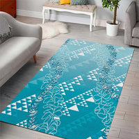 Hawaii Turquoise Kapa Area Rug Vintage 'Ohe Kāpala Motifs Mix Plumeria Leis LT7 - Polynesian Pride