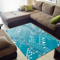 Hawaii Turquoise Kapa Area Rug Vintage 'Ohe Kāpala Motifs Mix Plumeria Leis LT7 - Polynesian Pride