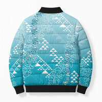 Hawaii Turquoise Kapa Bomber Puffer Jacket Vintage 'Ohe Kāpala Motifs Mix Plumeria Leis