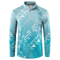 Hawaii Turquoise Kapa Button Sweatshirt Vintage 'Ohe Kāpala Motifs Mix Plumeria Leis