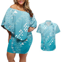 Hawaii Turquoise Kapa Couples Matching Off Shoulder Short Dress and Hawaiian Shirt Vintage 'Ohe Kāpala Motifs Mix Plumeria Leis