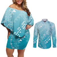 Hawaii Turquoise Kapa Couples Matching Off Shoulder Short Dress and Long Sleeve Button Shirt Vintage 'Ohe Kāpala Motifs Mix Plumeria Leis