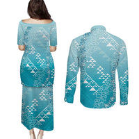 Hawaii Turquoise Kapa Couples Matching Puletasi and Long Sleeve Button Shirt Vintage 'Ohe Kāpala Motifs Mix Plumeria Leis LT7 - Polynesian Pride